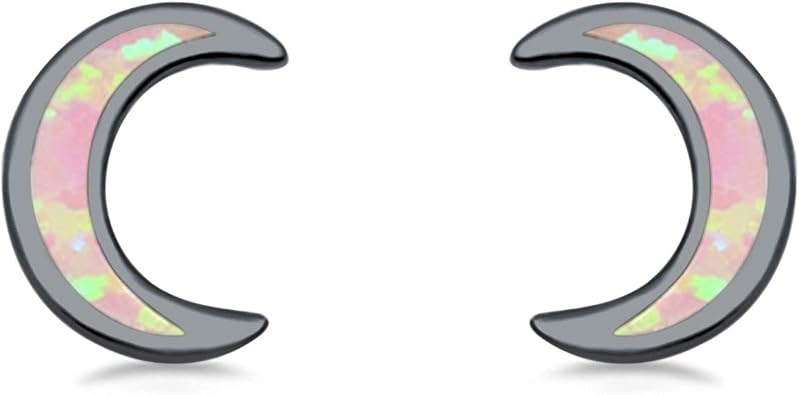 Moon Stud Earrings Created Opal 925 Sterling Silver