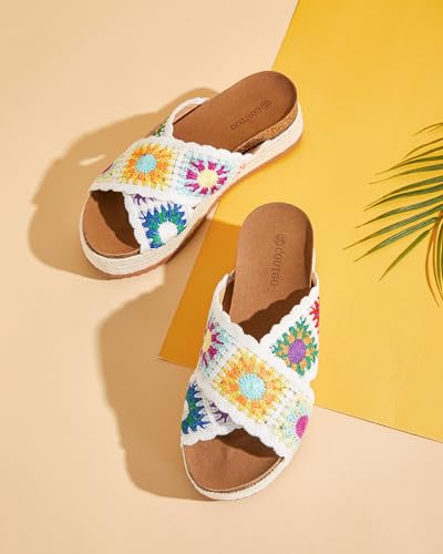 Image of Coutgo Womens Platform Espadrille Sandals Floral Crochet Open Toe Slides | 2.2-In Heels, Slip on, Cork Footbed, Cross Wide Strap, Summer Beach Vacation Shoes