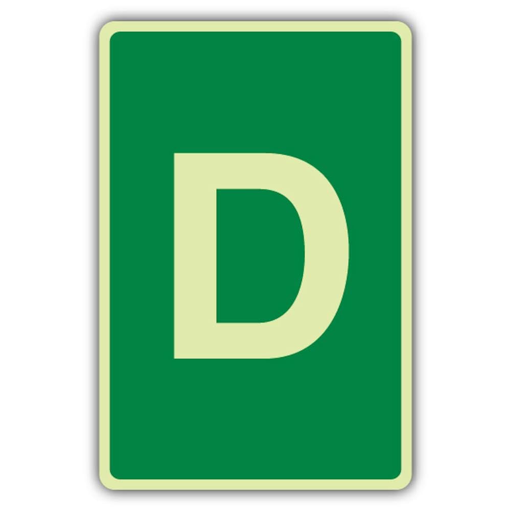 V Safety Photoluminescent D Label - Full Green Safety Sign - 150 x 225 mm - 1.2mm Rigid Plastic - Triple Glow