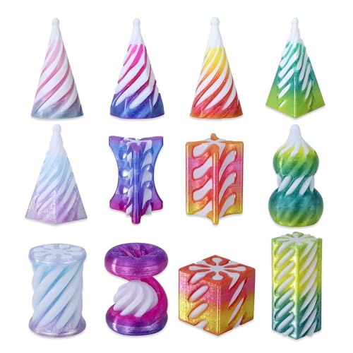 12 Pack 3D Printed Spiral Cone Fidget Toys, 12 Unique Shapes (No Duplicates), Impossible Cone, Pyramid, Cube & Twist Cylinder, 4 Crystal Gradient Colors, Desk Toy Set for Kids & Adults