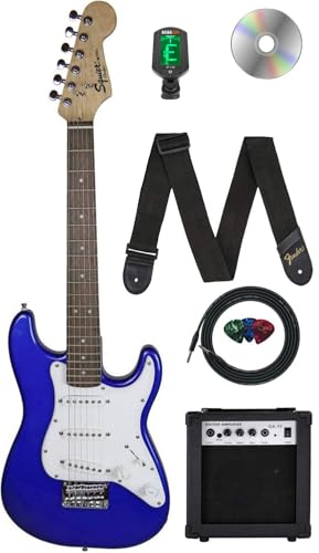 Image of Fender Squier 3 /4-Size Kids Mini Strat Electric Guitar - Blue Bundle with Amplifier, Cable, Tuner, Strap, Picks, and Austin Bazaar Instructional DVD