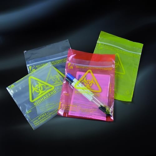 Sacs de transport d'échantillons en polyéthylène en 2 parties, la 1 avec fermeture zip-lock minicharnière, avec symbole et mention BIOHAZARD. Dim sac 155x175mm poche ouverte 155x235mm conf de 50