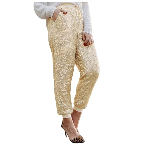 Leggings de lentejuelas con cordón regulable y talle alto de estilo festivo informal