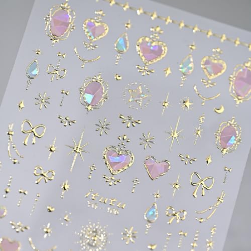 Gold Heart Nail Art Stickers 5D Embossed Valentines Nail Stickers for Nail Art with Aurora Pink Gem Designs Star Heart Nail Decals for Women Girls DIY Acrylic Nails Accessories Supplies