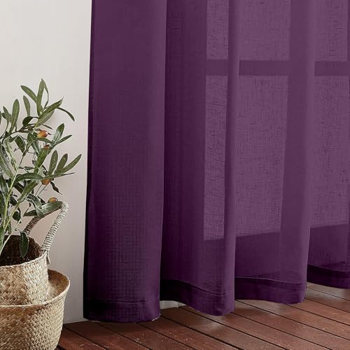 Image of Amazon Basics - Linen Textured Sheer Door Curtains | Light Filtering | 5 Feet | Set of 2 | Plain Design | for Living Room, Bedroom & Balcony | 150cm x 115cm, Color - Purple