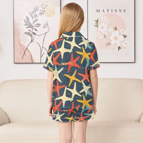 ALAZA Starfish Navy Blue Satin Pajamas Set Short Sleeve Button Down Sleepwear Summer Pjs 2 Piece4