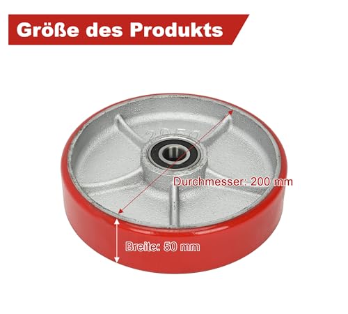 bimiti 2 Stück Hubwagenrollen Polyurethane/PU Ø200 x 50 mm, Achse 20 mm inkl. Kugellager Rollen für Hubwagen Ersatzrollen, Swivel Castor for Pallet Trucks,Max. Belastung 3000 KG