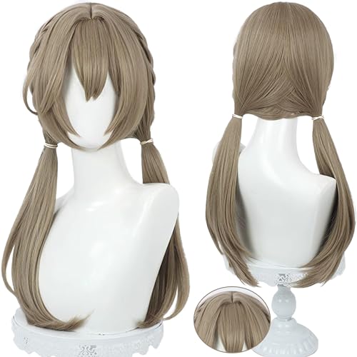 Image of Anime /Game Brown Green Wigs with Bangs Long Straight Wig with Braid Ponytail Adult COS Mahjong Sparrow Role Cosplay Wigs Halloween,Christmas,Comic con,Game Show,Party