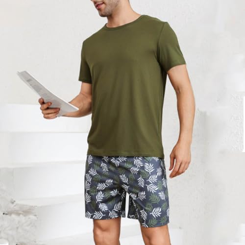 Sinzelimin Men Pajamas Set Home Casual Outfits Fashion Solid Color Short Sleeves T-Shirts Tops and Floral Shorts 2 Piece Suit3