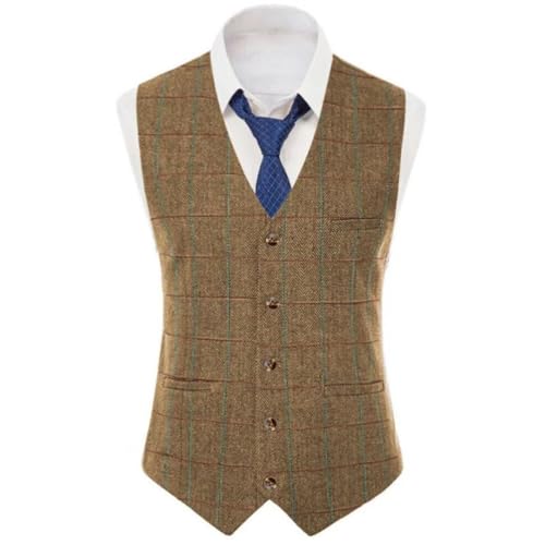 Men Brown Checkered Vintage Slim Single Breasted Fit Banquet Business Temperament Suit Vest2