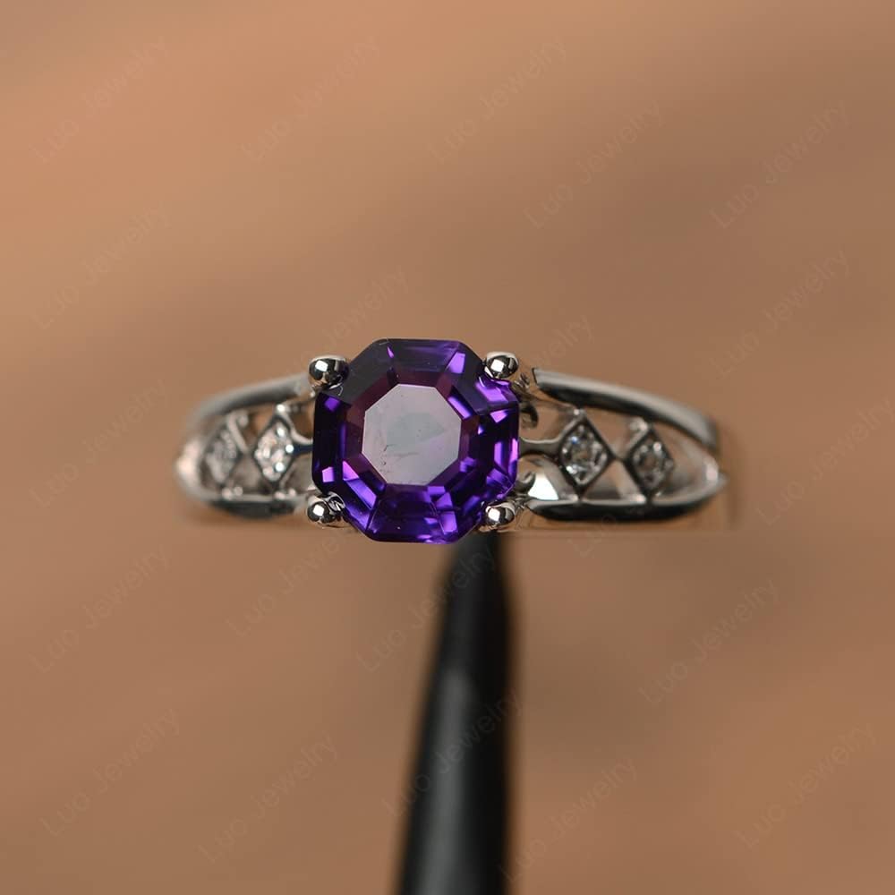 LUO 925 Sterling Silver 7 MM Octagon Cut Gemstone Ring Statement Anniversary Ring for Women Jewelry