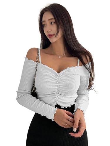 Image of Sugathari Women's Purple Solid Colour Open Cold Off Shoulder Long Sleeve Lettuce Hem Casual Autumn Trim Tight- Slim Fitting Ruched Front Ladies' Camisole Top, Tee, T-Shirt (T-Shirt 184)