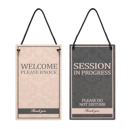 PATIKIL Sesión en Progreso No Molestar Puerta Colgante Letrero, PVC Doble Lado Bienvenido Por Favor Tocar Puerta Letrero Decoración para Oficina, Reunión, Sesión, Negro Amarillo, 10' x 5'