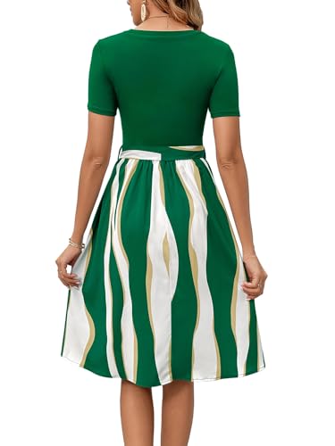 Image of Women's Elegant Vintage Round Neck Short Sleeve Summer Casual Work Party A-Line Dress with Belt 809