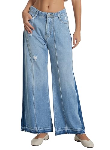 D-Sun Women's Mid Rise Wide Leg Jeans Casual Baggy Wide Leg Flared Jeans Trendy Side Seam Colorblock Denim Pants with Pockets