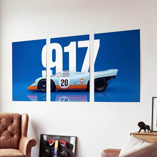 Image of SoulAbiti 3-Piece Porsche 917 Wall Art - Gulf Livery Blue & Orange Racing Car Printed Poster Large Motorsport Triptych Posters - Racing Decor for Room & Garage Le Mans Legend