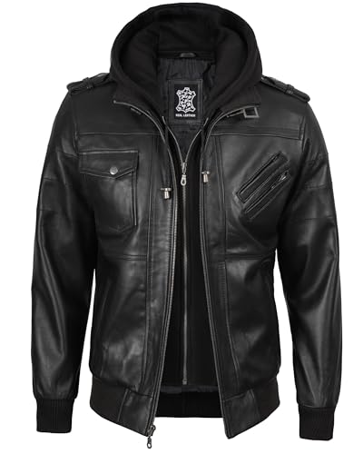 Image of Decrum Mens Leather Jacket - Detachable Hood Stylish Real Lambskin Leather Bomber Jacket Men