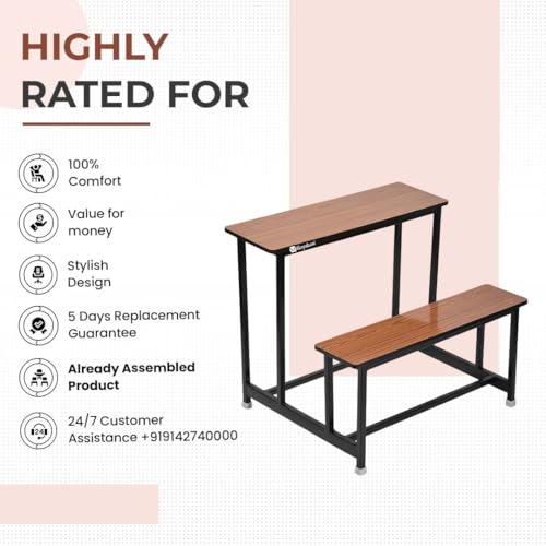Image of GOYALSON School Home Tution College Bench Duel Desk Student Bench Cum Duel Desk Strong and Sturdy Metal Standard Structure with Wooden Top (1, Teak, Large Class)