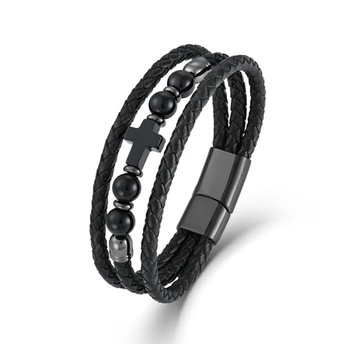 Pulsera masculina de cuero con piedras naturales y cierre de acero inoxidable miniatura 1