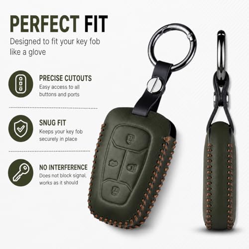 Image of JVCV Car Styling Soft Handmade Leather Key Cover Compatible with Tata Nexon, Harrier, Tiago EV, Altroz, Tigor, Safari, Nexon EV, Punch, Punch EV 4 Button Smart Key (Green)