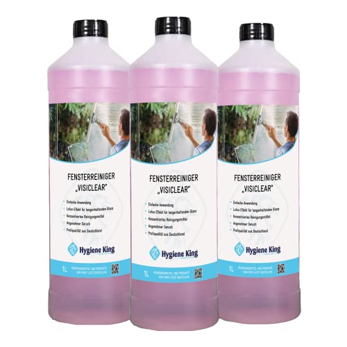 Hygiene King | Glasreiniger mit Lotuseffekt | 3x1 Liter | Konzentrat zum streifenfreien Reinigen von Glasoberflächen wie Fenster, Spiegel und Fensterrahmen