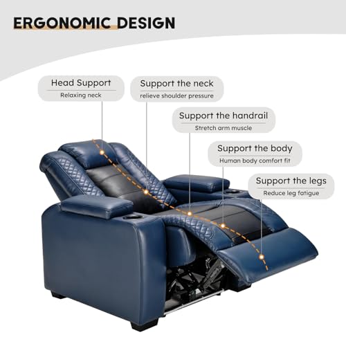 Image of ANJ Power Recliner Chairs Set of 5 for Adults, PU Leather Home Theater Seating with Adjustable Powered Headrest,LED,Storage,USB,Cup Holders,Blue