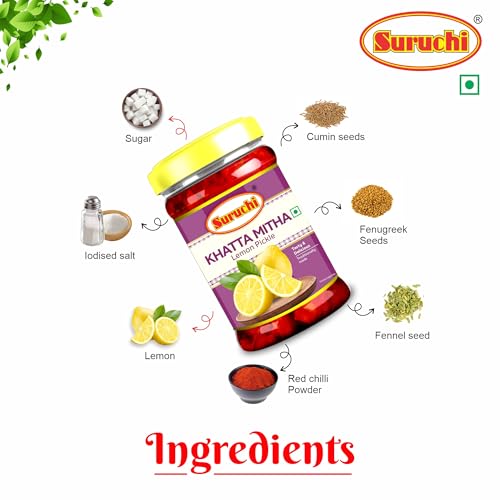 Image of Suruchi Khatta Mitha Lemon Pickle - 100g | Nimbu Ka Metha Achar | Sweet Tangy Flavourful | Authentic Indian Sweet Lemon Pickle (Pack of 1)