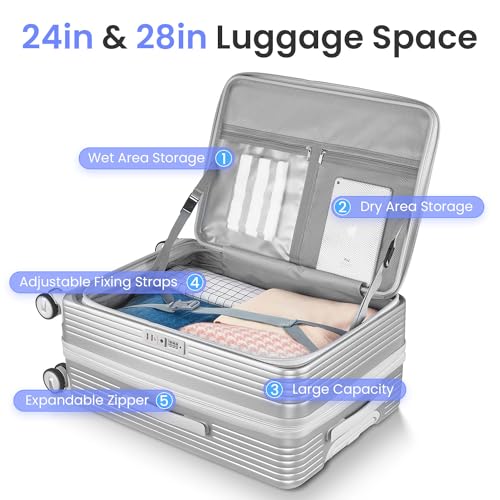 Luggage Sets 3 Piece(20/24/28), Expandable Carry On Luggage with TSA Lock Airline Approved, 100% PC Hard Shell and Lightweight Suitcase with Front Pocket and Spinner Wheels Silver4