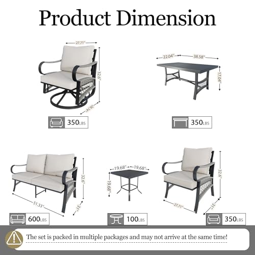 Image of 7 Pieces Patio Conversation Sets, All-Weather Metal Swivel Rocking Chairs with Rope Furniture Set, Outdoor Sofa Couch for Deck, Porch, Garden, Backyard, Poolside (Beige Cushions)