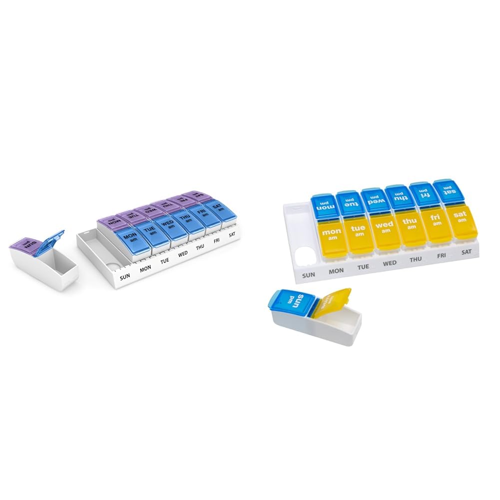 EZY DOSE7-Day AM/PM Pill Planners with Push Buttons, 2 Pack of Weekly Medicine Organizers with Blue, Purple and Yellow Lids