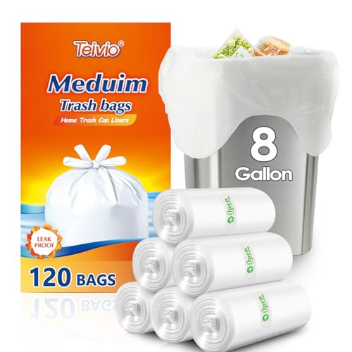 Image of Teivio Medium Tie-Top Trash Bags 8 Gallon 120 Count White Garbage Bags | Fit 25-30 Liters,6,7,8,9Gal,Small Plastic Waste Basket Bins Can Liners for Kitchen Bathroom Office Car,Unscented