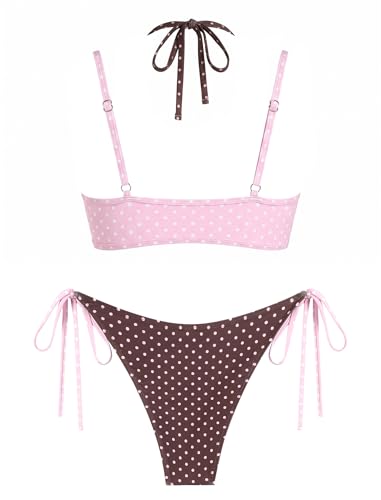 Image of ZAFUL Women's Polka Dot Bikini Set Double Layer Halter Swimsuit Colorblock Side Tie 2 Piece Bathing Suit 0-Pink Polka Dot L