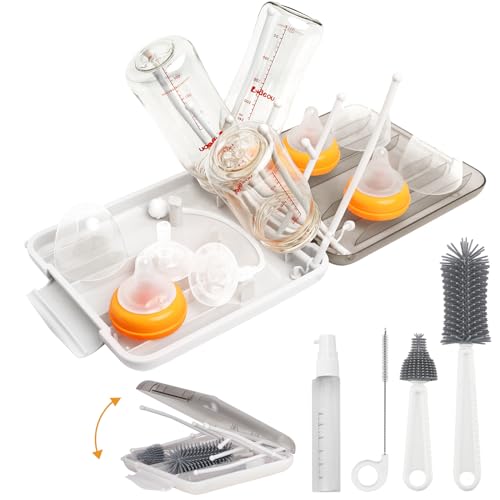 Image of Maclined Travel Baby Bottle Drying Rack Set with Extendbale Protable Silicone Bottle Brush, Nipple Cleaner Brush,Straw Brush Compact Size Baby Essential for Newborn & Moms (White)