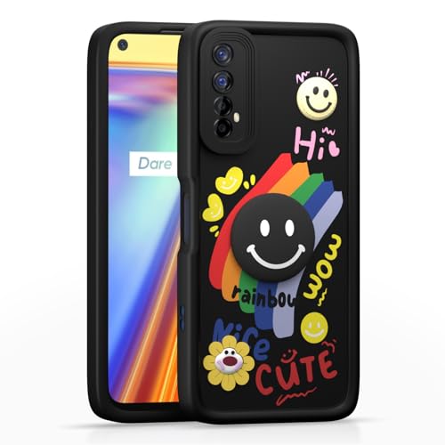 Image of Pikkme Back Cover for Realme 7 / Narzo 30 4G / Narzo 20 Pro | Soft Silicone| Cute Rainbow Smile & 3D Cartoon Flower Design | Shockproof Raised Camera Protection Bumper Case (Black)