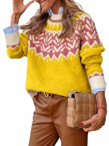Image of EARKOHA Women's Casual Mock Neck Ribbed Sweater Pullover 2026 Fall Long Sleeve Print Fair Isle Sweater Top