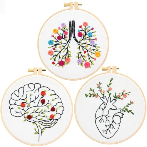 Image of Armindou Flowers Embroidery Kits for Beginners Adults, Hand Embroidery Set Needlepoint Kits, Floral Stamped Cross Stitch Kits for Beginners Adults, 3 Embroidery Hoops, Fabric (Attached Video Tutorial)