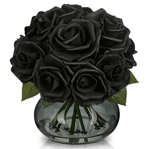Hollyone Black Roses Artificial Flowers in Vase Silk Fake Rose Bouquet Flowers Floral Arrangements with Glass Vase with Faux Water for Home Bathroom Office Table Centerpiece Shelf Decorations