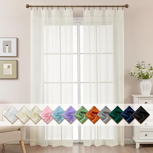 Image of Ivory Sheer Curtains 84 Inches Long, Privacy Semi Sheer Curtains for Living Room Bedroom, Light Filtering Rod Pocket Voile Window Drapes 2 Panels Set, Each 42 inch W x 84 inch L