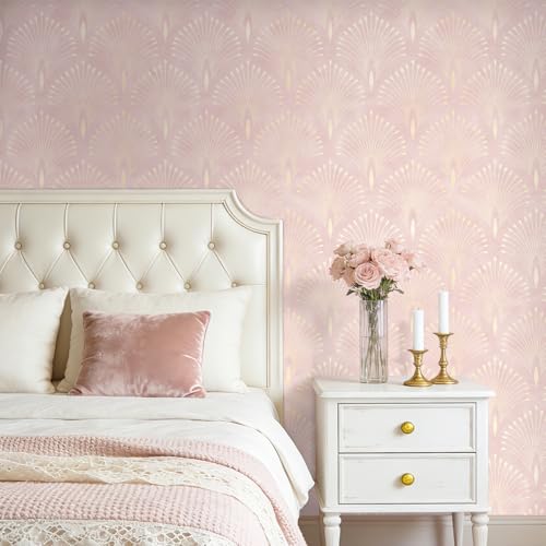 ICOOP Pink Peel and Stick Wallpaper Modern Light Pink Wall Paper 17.5x276 Geometric Retro Vintage Contact Paper for Cabinets Soft Blush Luxury Metallic Gold Art Deco Wallpaper for Girls Bedroom