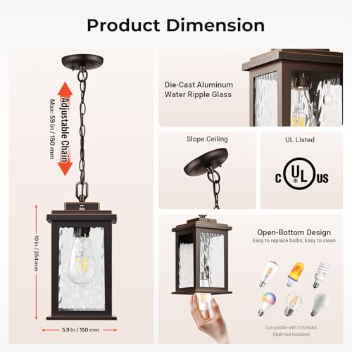 Image of Gleamz Outdoor Wall Light with GFCI Outlet, ORB Dusk to Dawn Outdoor Lighting & Dusk to Dawn Outdoor Pendant Light with Adjustable Chain, Oil Rubbed Bronze(Gold Trim)