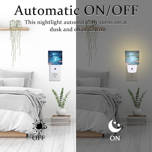 Image of Full Moon and Sparkling Lake Night Light Plug into Wall, Magical Beach Dusk to Dawn Night Light, 0.5w Energy Saving Sleep Friendly Nightlights for Kids Boys Girls Home Decor