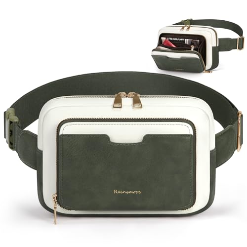 RAINSMORE Fanny Packs for Women, Leather Belt Bag Waterproof Everywhere Crossbody Waist Pack with Adjustable Strap Retro Sling Chest Bag for Work Running Travel Party, Dark Green with White
