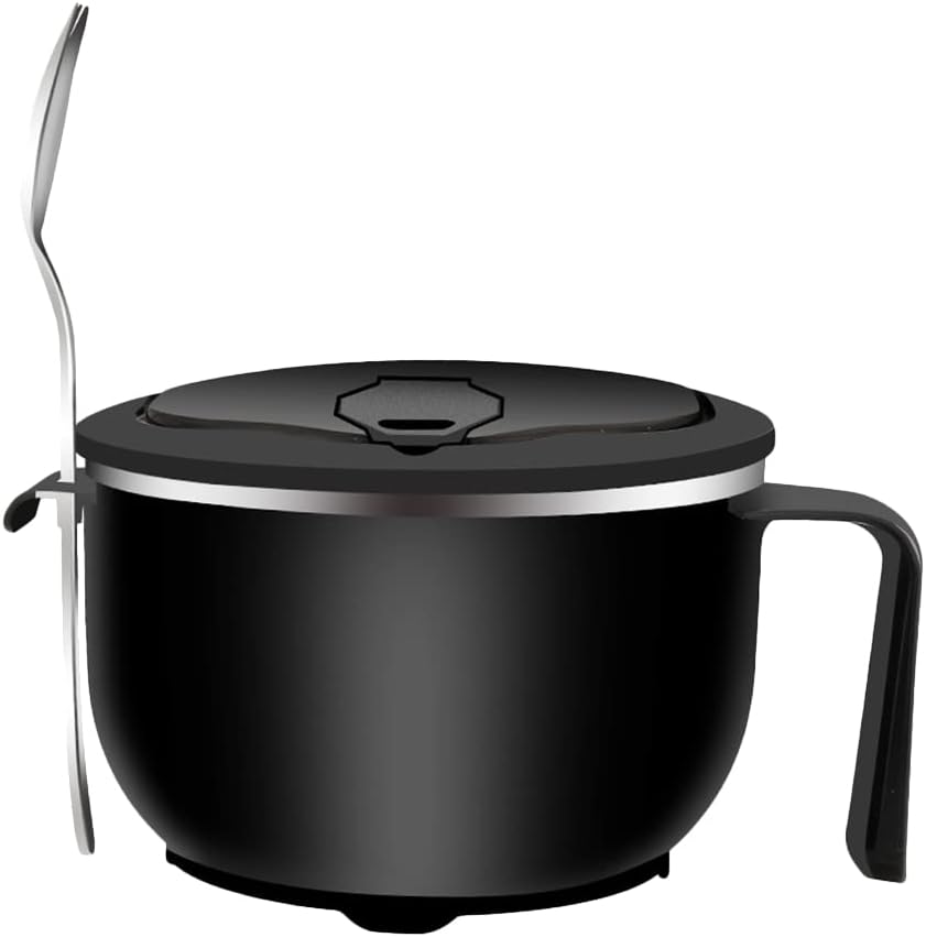 LIFKOME Tazón de acero inoxidable para ramen con asa de tapa, 40 onzas, tazón grande de fideos instantáneos, ensaladera con cuchara para sopa,