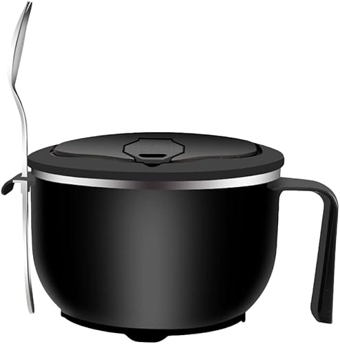 LIFKOME Tazón de acero inoxidable para ramen con asa de tapa, 40 onzas, tazón grande de fideos instantáneos, ensaladera con cuchara para sopa,