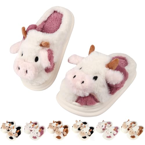 HAZYTOM Kids Cow Slippers丨Toddler Boys Girls Animal Slippers丨Youth Fuzzy Slippers丨Comfy House Slippers Shoes丨Memory Foam丨Cute Cartoon丨Soft Non-slip