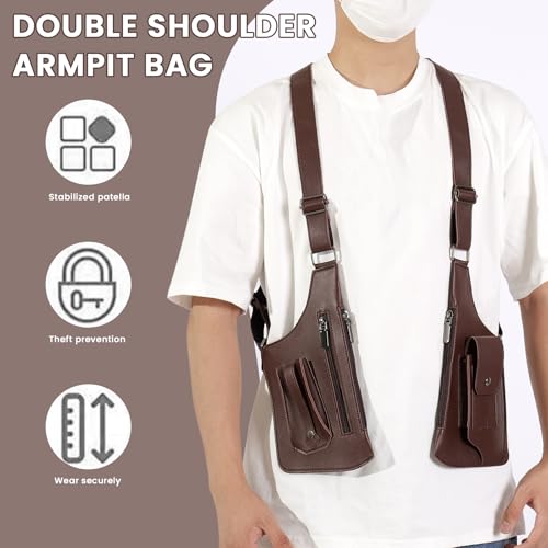 شنطة كتف مزدوجة للابط للرجال، شنطة مضادة للسرقة مع احزمة كتف مزدوجة، شنطة جلدية متعددة الجيوب قابلة للتعديل تحت الابط للسفر والاستخدام اليومي (بني)
