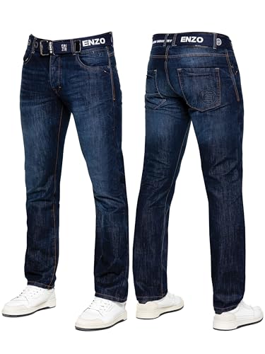 ENZO Men's Classic Straight Leg Jeans, Dark Blue, 36W / 30L, EZ384