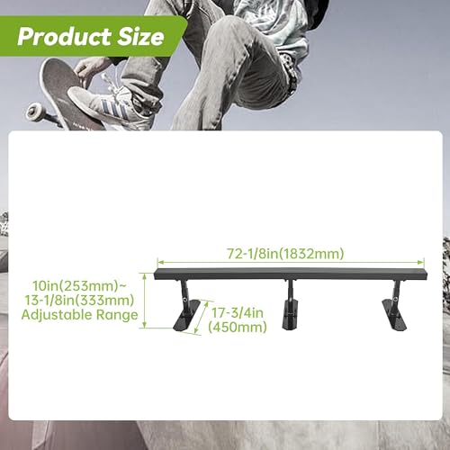 KUAFU 6ft Long Flat Bar Skate Rail, Portable Skateboard Ramp Grind Rail, Detachable Skatepark Grind Rail, for BMX, Scooters, Snowboard and Roller Skating - Adjustable Height