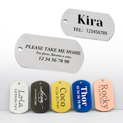 Personalised Stainless Steel Dog ID Tags, Customized Dog Tags,Customization of Up to 6 Lines of Text,Laser Engraving, 5 Colours (Tag in Golden, L)