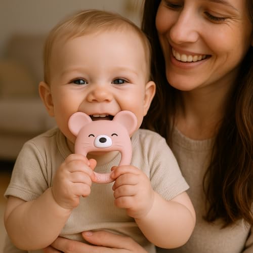 Image of Baby Teether, Safe Chew Toy for Infants, Soothing Relief for Teething Pain, Cute Animal Shape, Easy Grip for Tiny Hands (Pink Mouse)